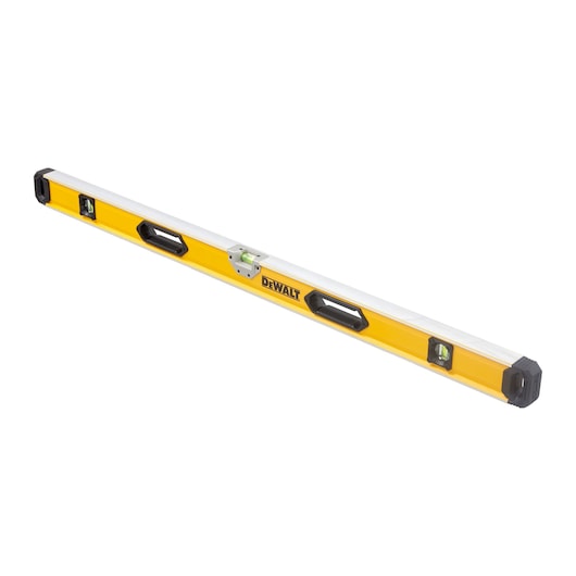 A DEWALT yellow and silver spirit level with three bubble vials and two black handles, designed for precise leveling and alignment.