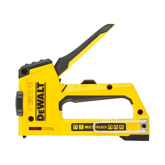 A DEWALT yellow and black multi-tacker staple gun with ergonomic handle and visible DEWALT logo. The model is DWHT0-TR510 and it is designed for fastening tasks in photography or other projects.