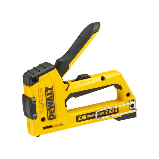 Yellow and black DEWALT multi-tacker tool with ergonomic handle and visible branding, used for fastening materials.