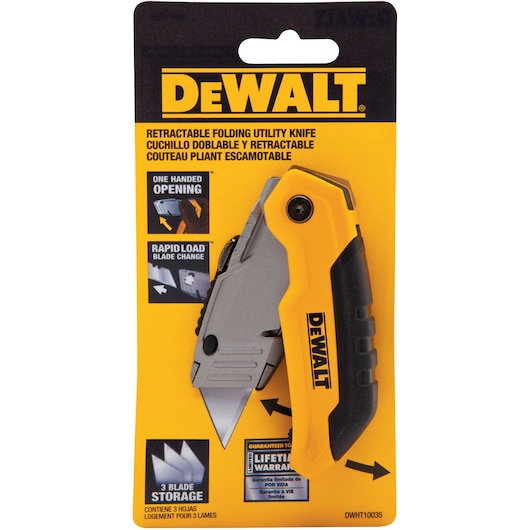 DEWALT retractable folding utility knife in packaging, showing a yellow and grey handle, with features highlighted including one-handed opening, rapid load blade change, and 3 blade storage.
