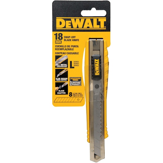 A DEWALT 18 mm snap-off blade knife in its packaging. The packaging is yellow and black and features details such as all metal construction, slim design for more control, and a blade snapper. The knife has a DEWALT logo on it and is primarily silver and yellow.