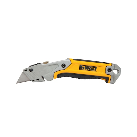 A DEWALT folding utility knife with a yellow and black handle and a silver blade, shown against a white background.