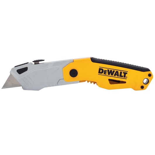 A DEWALT folding utility knife with a yellow and black handle and a silver retractable blade.