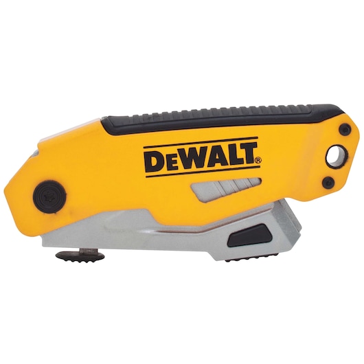 A yellow and silver DEWALT folding utility knife with a black rubber grip and visible brand logo on the side.