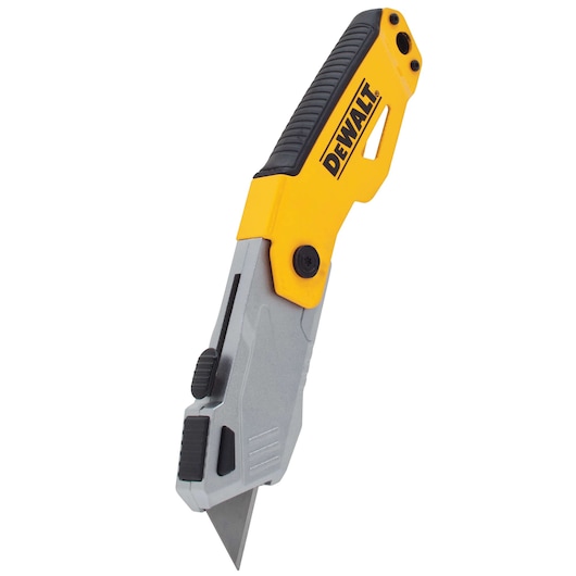 A DEWALT folding utility knife with a yellow and grey handle and a sharp metal blade, shown at an angle on a white background.