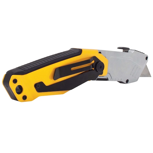 A DEWALT folding utility knife with a yellow and black handle and a silver blade, designed for cutting various materials.