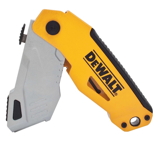 A folding utility knife with a yellow and black handle branded with DEWALT, featuring a silver blade and ergonomic design.