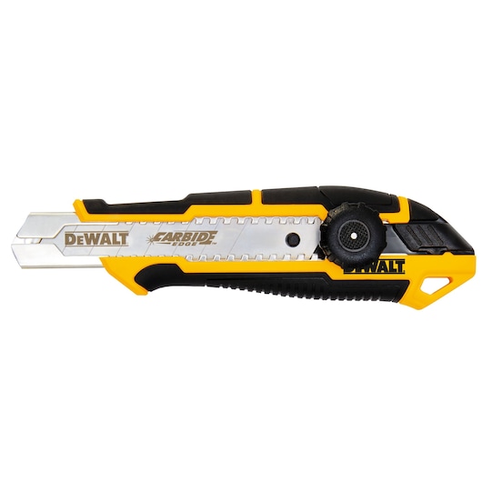 A DEWALT carbide edge utility knife featuring a retractable blade and ergonomic yellow and black handle.