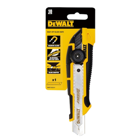 DEWALT snap-off blade knife in yellow and black packaging, featuring an 18 mm blade, magnetic slider, bi-material anti-slip grips, and a blade snapper, model number DWHT10332-0.