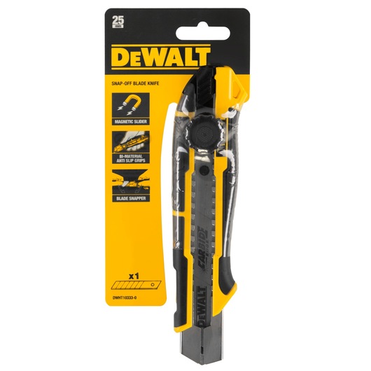 DEWALT snap-off blade knife in its retail packaging, 25 mm blade size, featuring magnetic slider, bi-material anti-slip grips, and blade snapper.