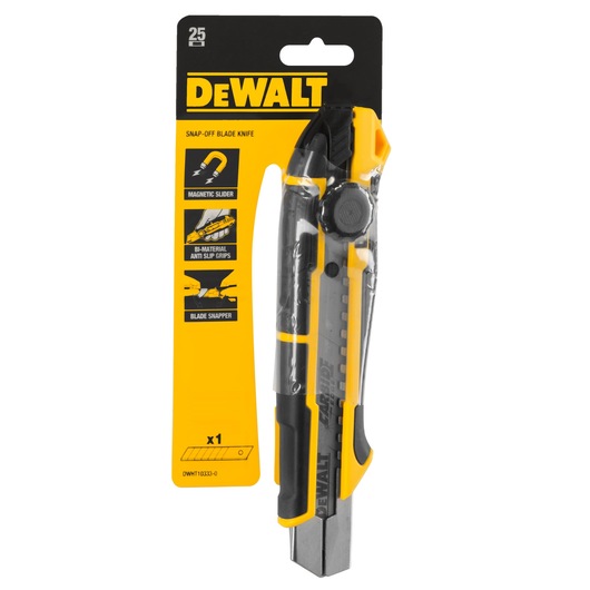 Packaged DEWALT snap-off blade knife with a yellow and black handle, featuring a magnetic slider, bi-material anti-slip grips, and a blade snapper. The packaging highlights key features and includes one knife.