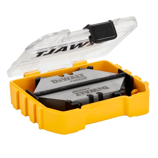 Side view with partially open case of the DEWALT ToughCase+ 30 pack Carbide Blades