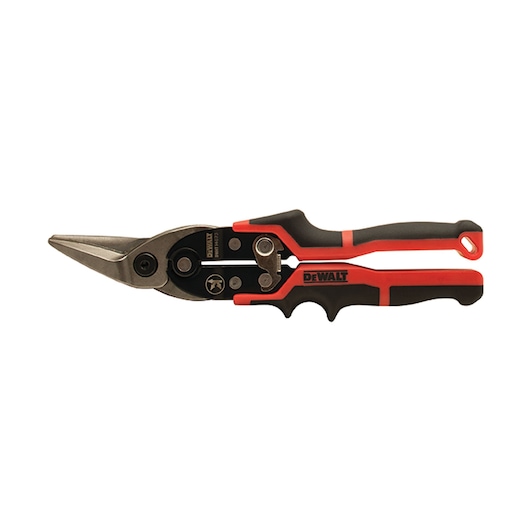 A pair of DEWALT aviation snips with a black and red ergonomic handle, suitable for cutting sheet metal.