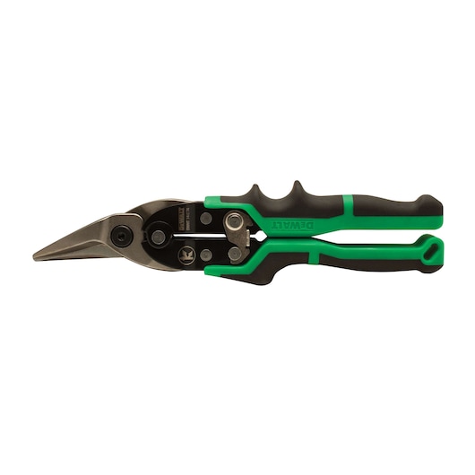 A DEWALT straight-cut aviation snip with a black and green ergonomic handle and a stainless steel blade, shown against a white background.