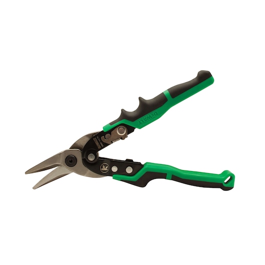 A pair of DEWALT aviation snips with green and black handles, designed for cutting sheet metal.