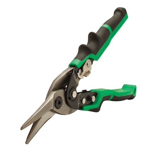 A pair of DEWALT aviation snips with green and black handles, designed for cutting metal sheets.