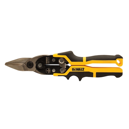 A pair of DEWALT aviation snips with a yellow and black handle, designed for cutting sheet metal.