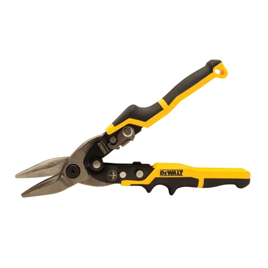 A DEWALT aviation snip with black and yellow ergonomic handles and metal blades, designed for cutting sheet metal.