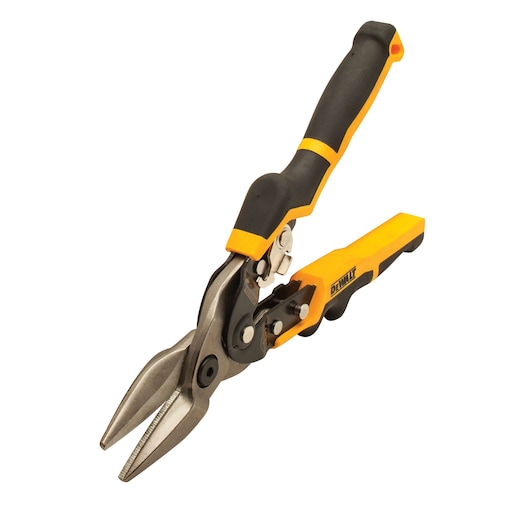 A pair of DEWALT straight cut aviation snips with a yellow and black handle, designed for cutting sheet metal.