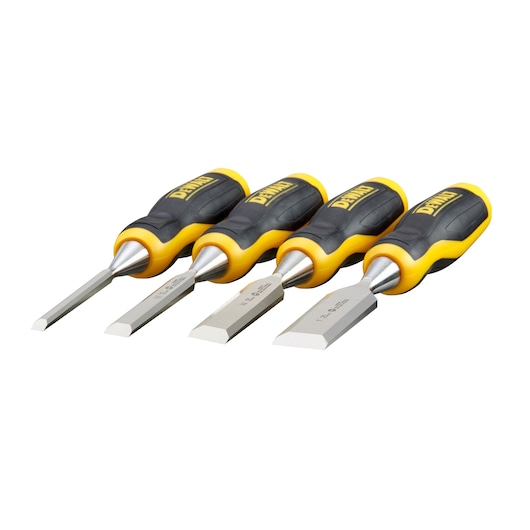 A set of four DEWALT woodworking chisels with black and yellow handles, arranged in a row on a white background.