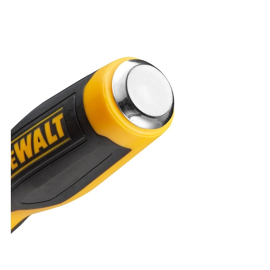 Close-up view of the end of a DEWALT hand tool with a metallic striking cap, featuring a yellow and black handle.