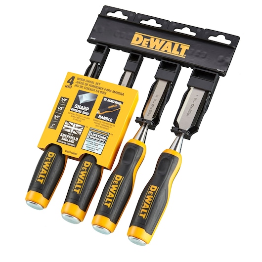 A DEWALT wood chisel set containing four chisels with black and yellow handles, packaged together in a plastic holder with product information on a yellow card. The set includes different sizes and is labeled for sharp precise edge and bi-material handle, made in Sheffield, England.