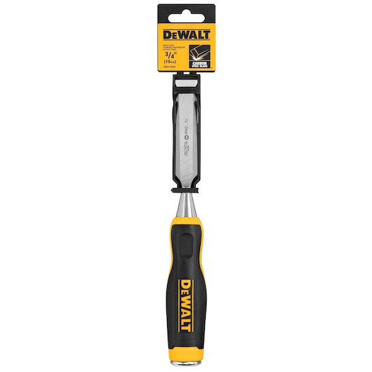 A DEWALT wood chisel with a black and yellow ergonomic handle and a carbon steel blade. The packaging indicates the blade width is 3/4 inch (19mm).