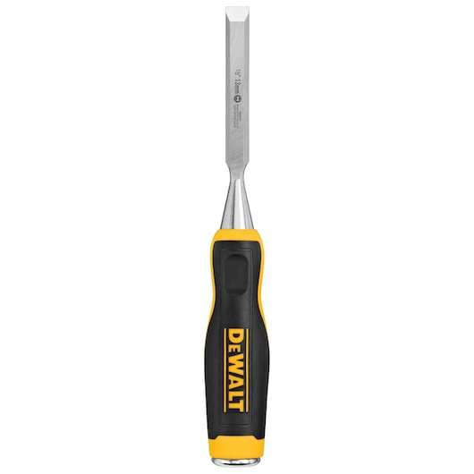 A DEWALT wood chisel with a black and yellow ergonomic handle and a sharp metal blade, labeled with measurement markings.