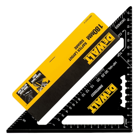 A DEWALT 180mm rafter layout square in black, shown with its yellow and black branded packaging. The tool features measurement markings in white and is designed for precise layout work.