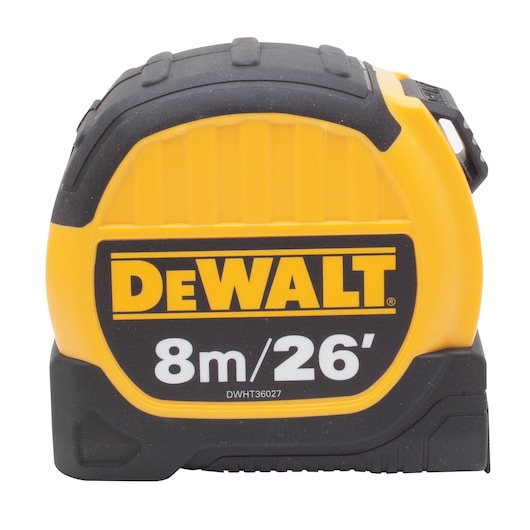 A DEWALT branded tape measure with a yellow and black casing, showing measurement capacity of 8 meters or 26 feet. Model DWHT36027-0.