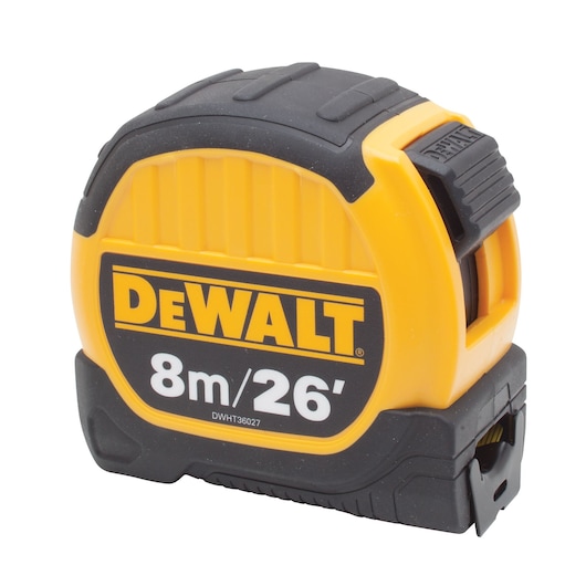 A DEWALT branded tape measure with a yellow and black casing. The tape measure is labeled as 8 meters or 26 feet.