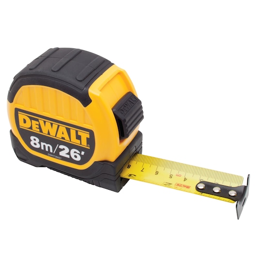 A yellow and black DEWALT tape measure with 8 meters or 26 feet measurement, model DWHT36027-0, shown with the tape partially extended.