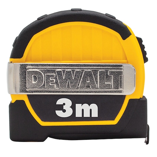A Dewalt branded 3-meter yellow and black tape measure with a metal clip on the side.