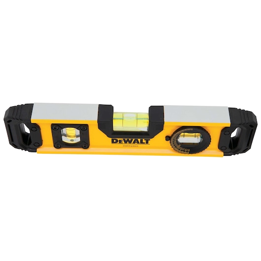 A DEWALT DWHT43003 spirit level with a yellow body, black end caps, and multiple bubble vials for measuring horizontal and vertical alignment.