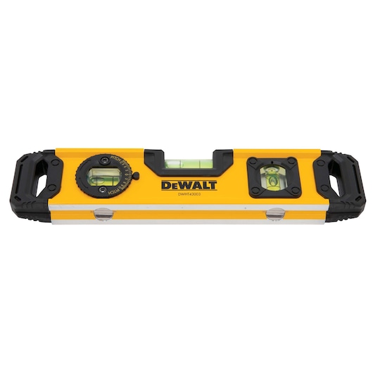 A DEWALT DWHT43003 yellow and black box level tool with three bubble vials and handles on each end, designed for precise leveling in construction and photography applications.