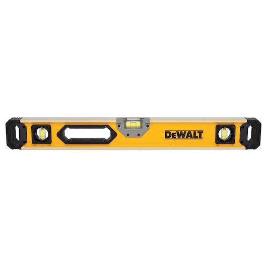 A yellow DEWALT spirit level with three bubble vials and a black handle in the center, designed for measuring horizontal and vertical level surfaces.
