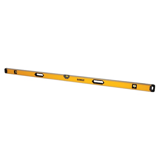 A DEWALT yellow and black spirit level tool with multiple bubble vials and ergonomic hand grips, designed for precise leveling in construction and carpentry.