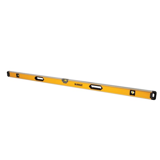 A yellow and silver DEWALT spirit level with three bubble vials and two black handle cutouts, designed for measuring straightness and level surfaces.