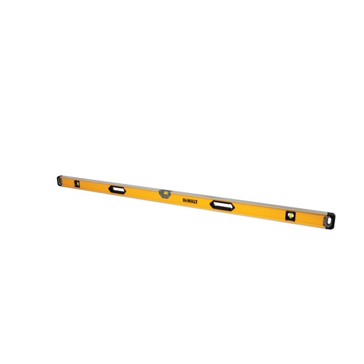 A yellow and silver DEWALT spirit level tool with multiple bubble vials and hand grips, shown on a white background.