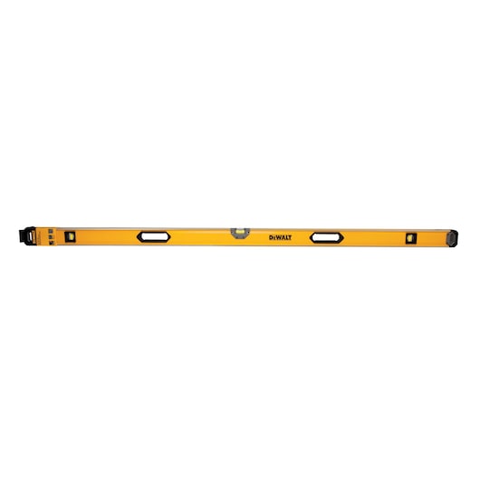 A yellow DEWALT spirit level with three vials and two handle grips, designed for precise leveling in construction and carpentry.