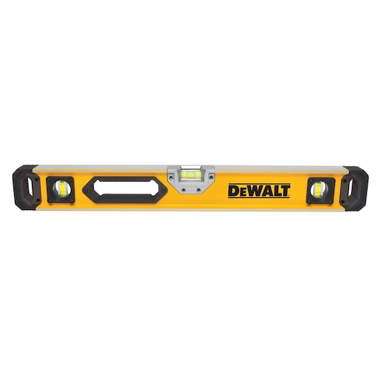 A yellow DEWALT spirit level tool with black end caps, three bubble vials, a handle in the center, and the DEWALT logo printed on the side.