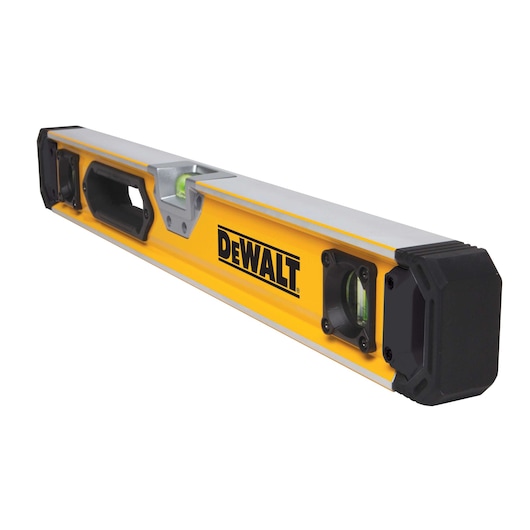 A DEWALT yellow and silver spirit level tool with black end caps and built-in handles, designed for measuring level surfaces.