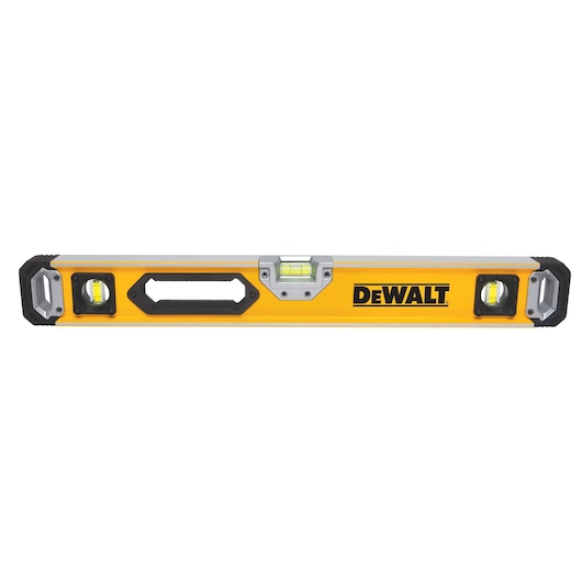A yellow DEWALT spirit level with black end caps, three bubble vials, a central handle, and the DEWALT logo printed on the side.