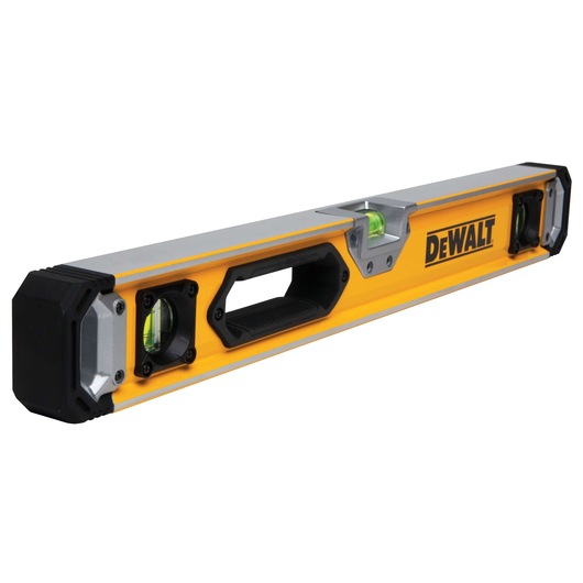 A yellow and black DEWALT spirit level tool featuring bubble vials, a central handle, and protective end caps.