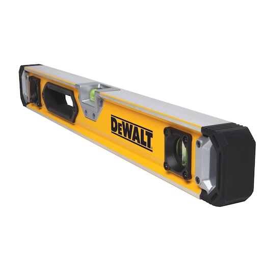 A DEWALT yellow and silver spirit level with black end caps and built-in bubble vials.