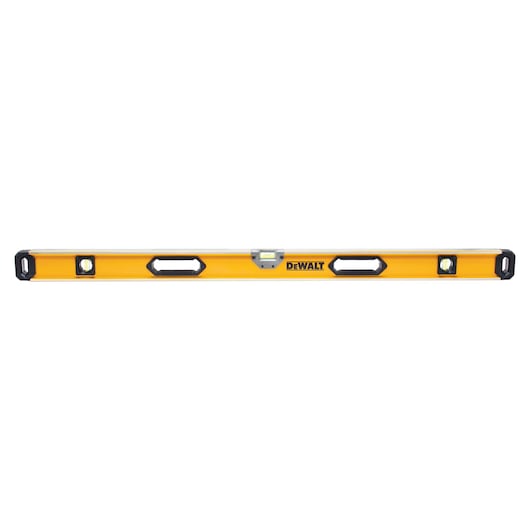 A yellow DEWALT spirit level with three bubble vials and two hand grips, used for measuring horizontal and vertical alignment.