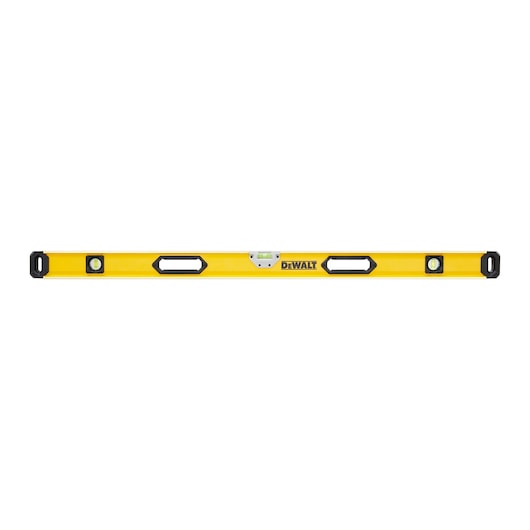 A yellow DEWALT spirit level tool with three bubble vials and two black grip handles, used for leveling and alignment tasks.