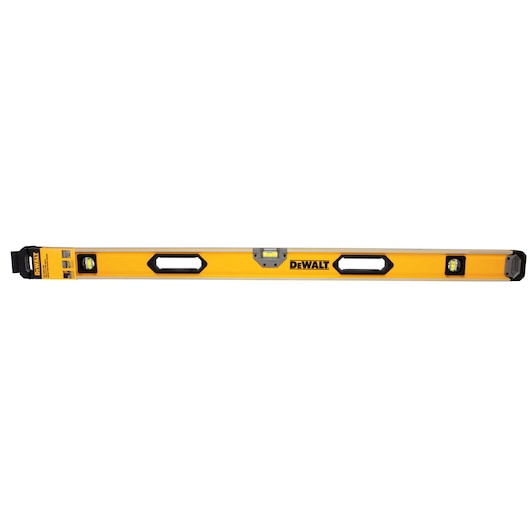 A DEWALT yellow box level tool with three bubble vials and two hand grips, used for measuring straight horizontal or vertical lines.