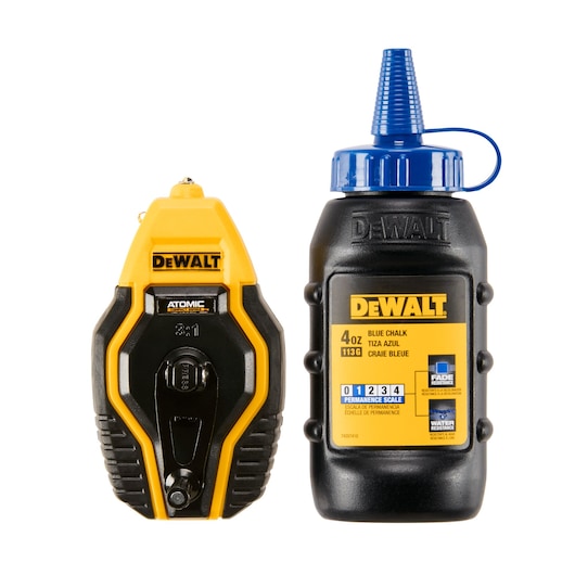 DEWALT chalk line kit featuring a black and yellow chalk line reel and a black bottle of blue chalk powder with a blue dispensing nozzle. Both products are displayed upright and are branded with DEWALT logos.