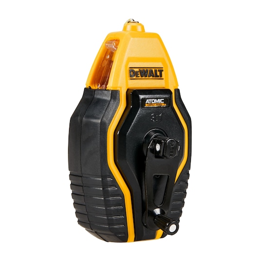 A DEWALT ATOMIC 3-in-1 chalk reel tool featuring a yellow and black plastic casing, a winding handle, and a clear window for viewing the chalk line.